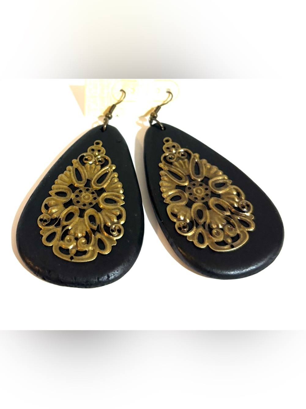 Black and Gold Teardrop Filigree & wood Dangle Earrings - Women Jewelry
